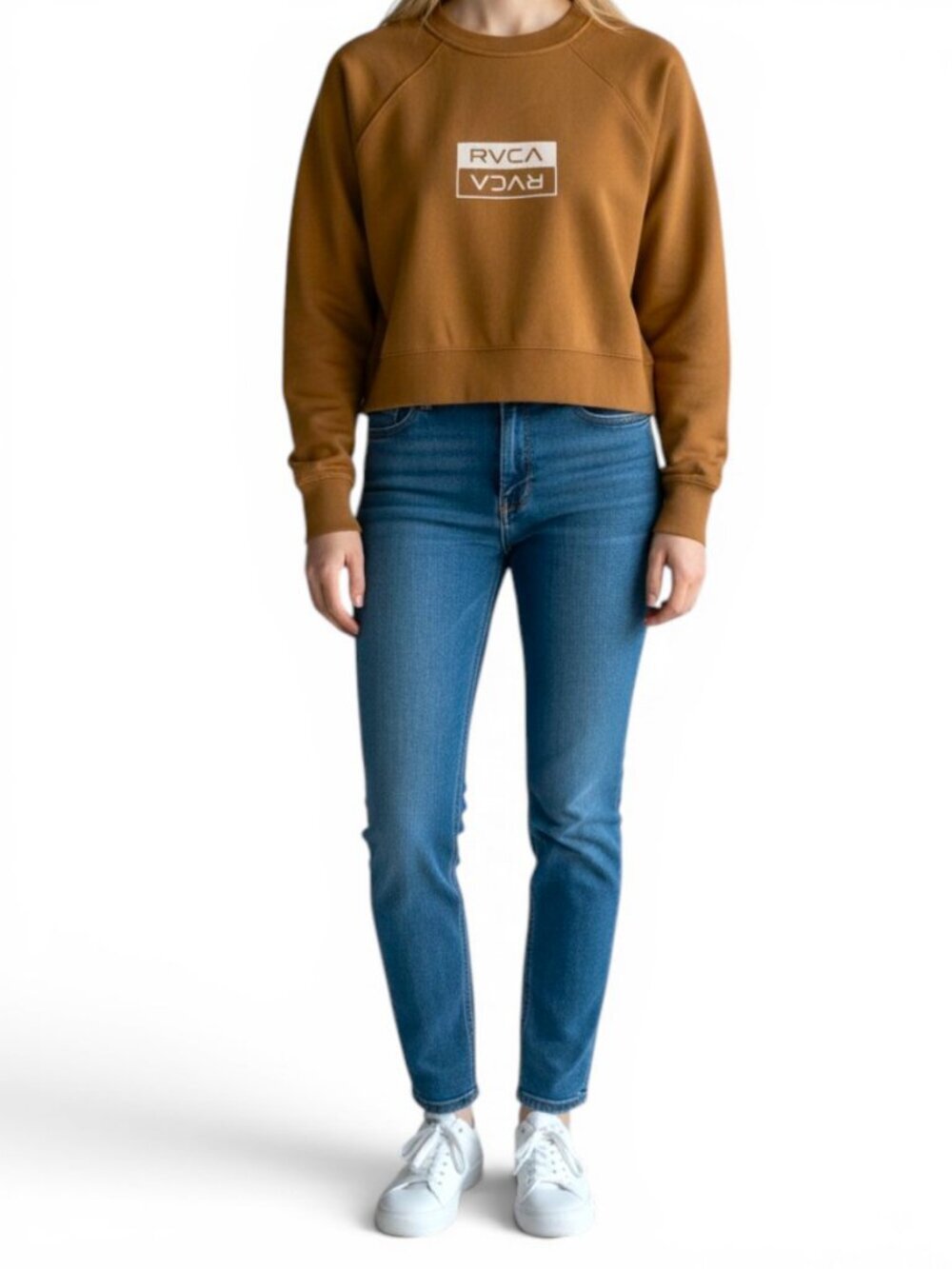 RVCA tan / mustard brown Cropped Sweatshirt Logo Pullover Streetwear casual s